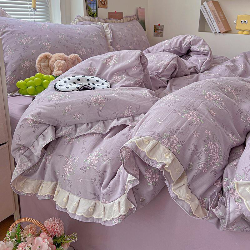 Washed Cotton Double Gauze Bedding Set Floral Ruffle Bed Sheets Bedroom