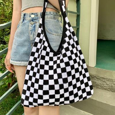 Borsa da Donna a Scacchi Bianchi e Neri Borsa a Maglia Borsa a Tracolla Scacchiera Borsa alla Moda Tutto-in-uno Grande Capacità Borsa Intrecciata