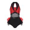 Damen Glitzernder Pailletten Farbblock Body Netz-Taille Feder Saum Ärmelloser Cutout Leotard