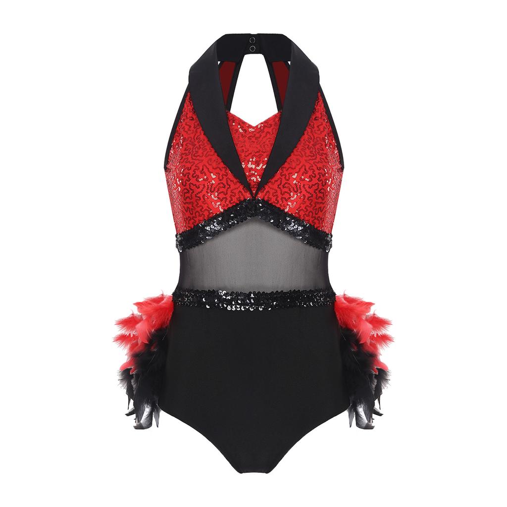 Damen Glitzernder Pailletten Farbblock Body Netz-Taille Feder Saum Ärmelloser Cutout Leotard