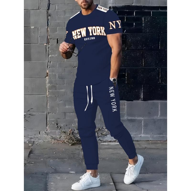 Outdoor Sports Simple Contrasting Color Patchwork Letter Pattern Digital Printing Trendy Creative Street Short-Sleeved Long Pants Set