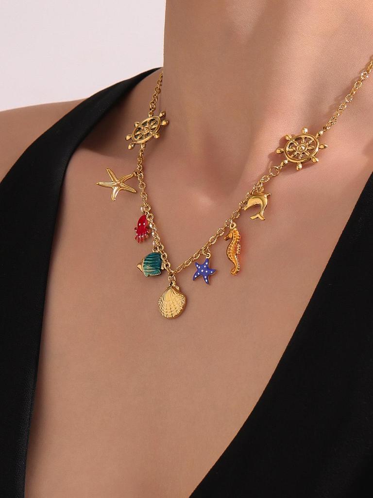 Oumayka Ocean Vacation Style Drip Oil Starfish, Seashell & Seahorse Stainless Steel Necklace