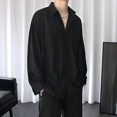 Men's Black Loose-Fit Long Sleeve Shirt - Trendy Spring/Summer/Autumn Casual Wear with Ice Silk Comfort