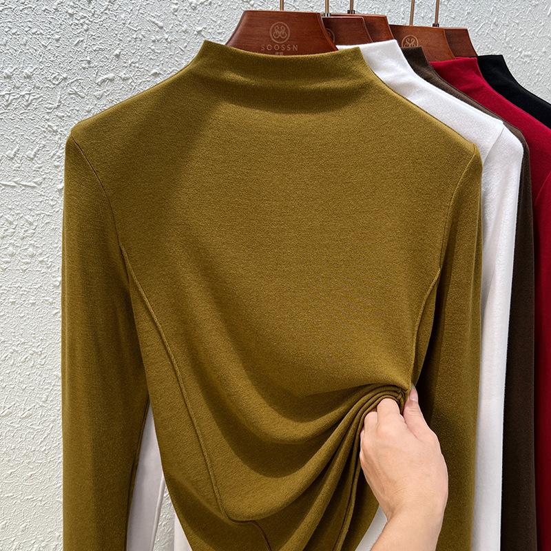 

Женская футболка с полувысоким воротом, с длинным рукавом, новая одежда весна-лето, с линиями внизу, женский черный топ XXXL