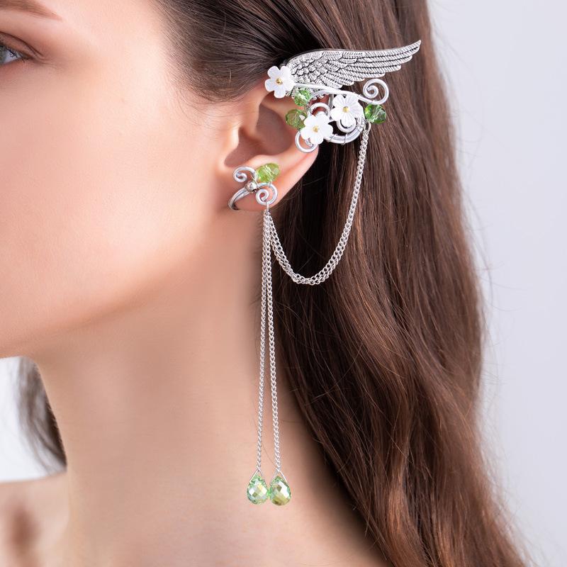 

Ельфійські вушні манжети з крилами ангела з китицями Ельфійські затискачі для вух на Хелловін, різдвяне весілля Green Crystal Left