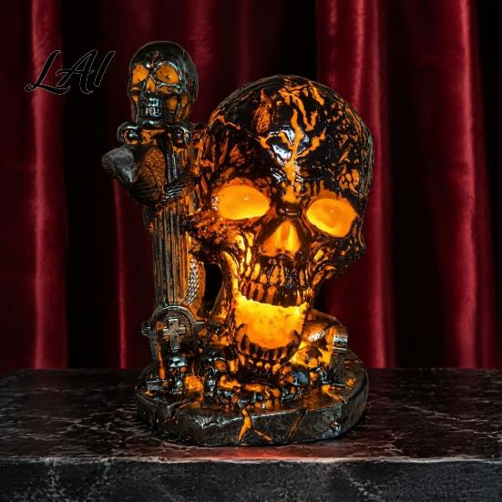 Dark Aesthetic Night Light Skull Table Lamp Halloween Glowing Skeleton Resin Figurine Gothic Ambient Home Decor for Mantel Shelf Party Unique Gift