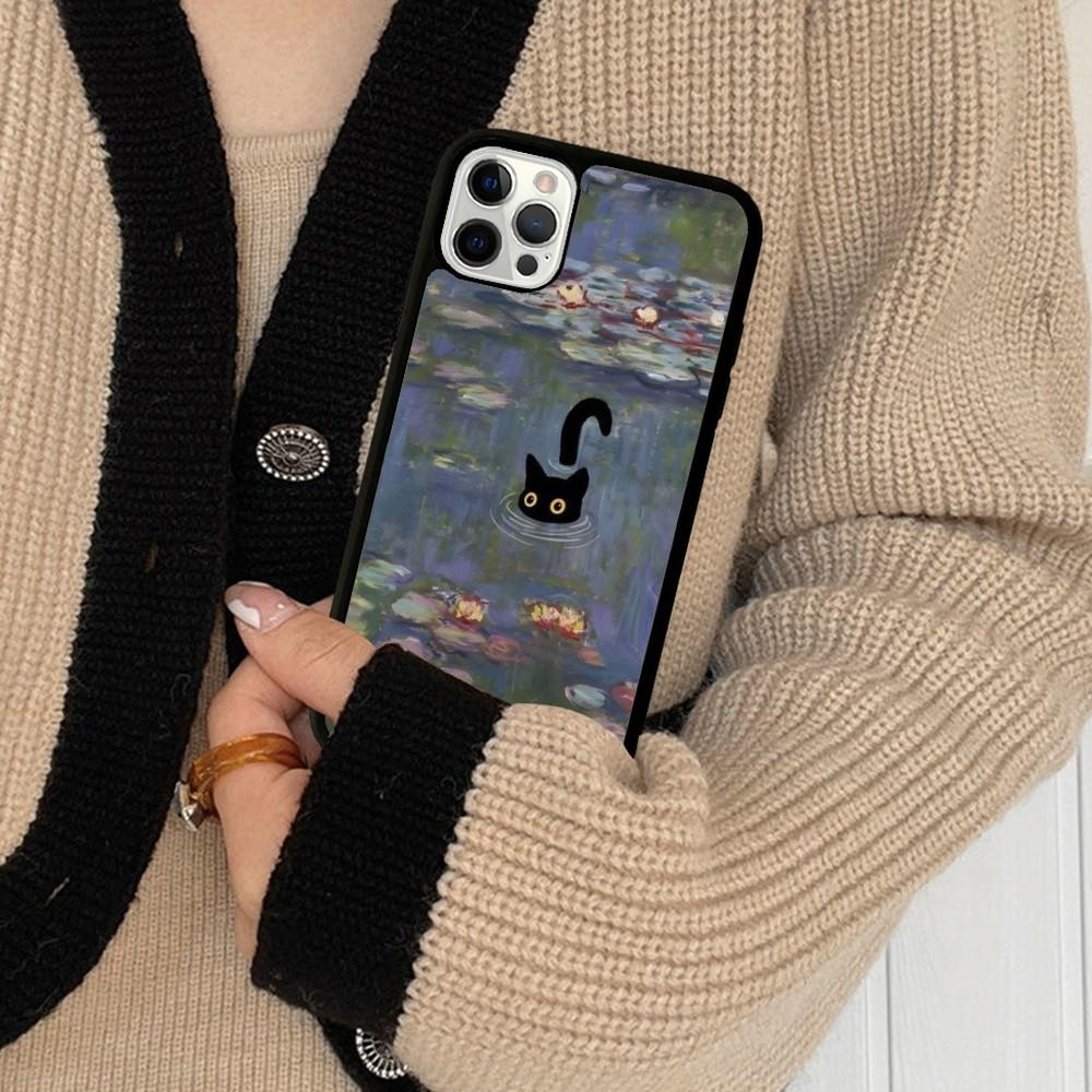 

Cartoon Animal Black Cat Oil Painting Phone Case Silicone PC+TPU For For iPhone 11 12 13 14 15 16 Plus Pro Max Cover iPhone 15 Plus
