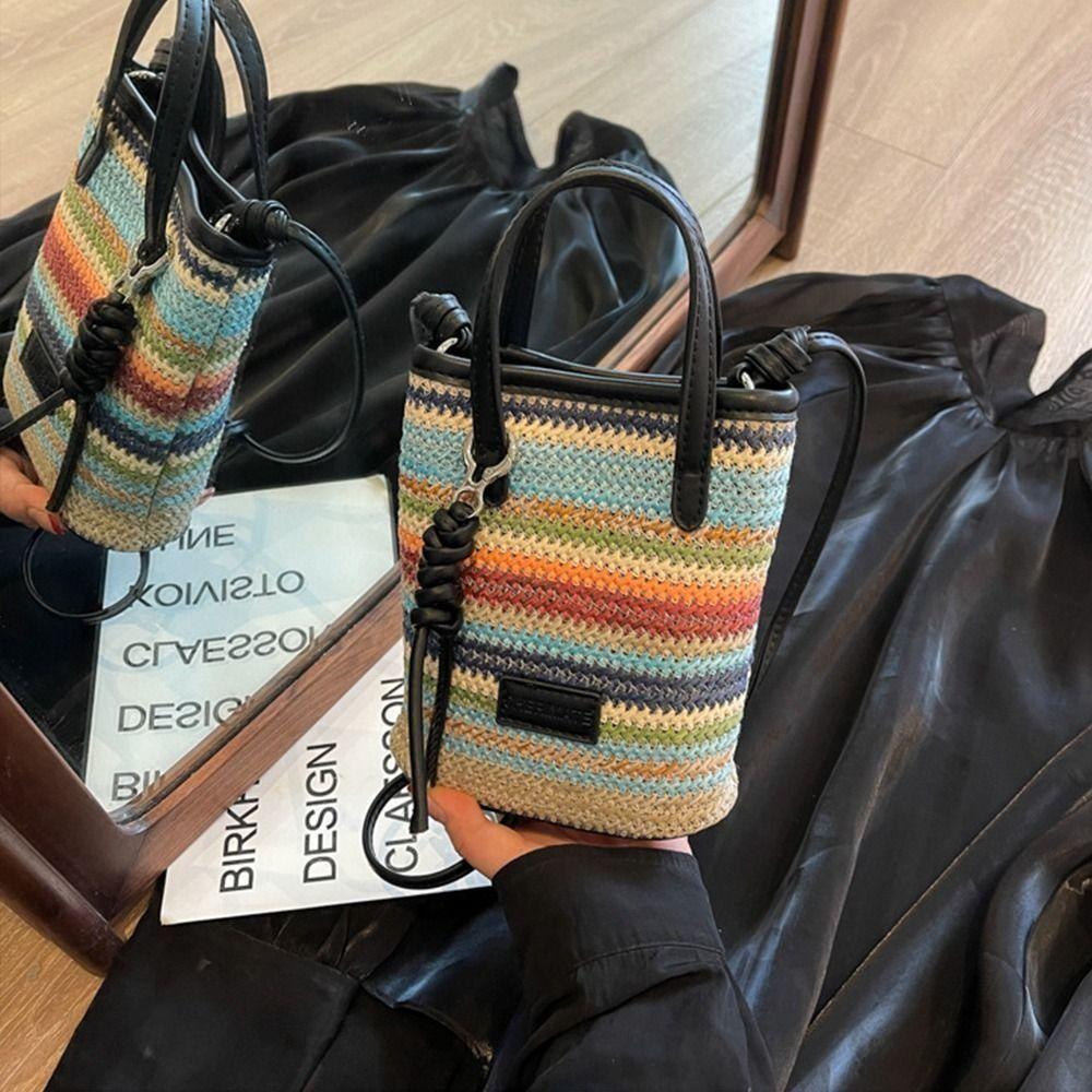 

Summer Weave Crossbody Bags Leisure Women Handbags Fashion Striped Straw Bag Travel зелений