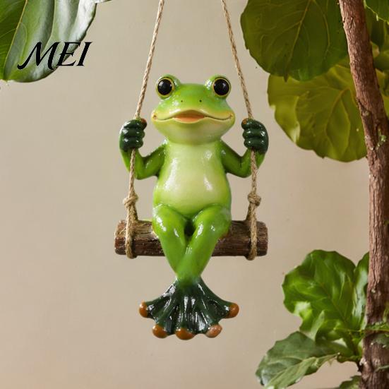 Pastoral Style Outdoor Decor Garden Swing Frog Statue, Resin Hanging Ornament, Whimsical Hand Painted Crafts Cute Figurine for Front Porch Yard