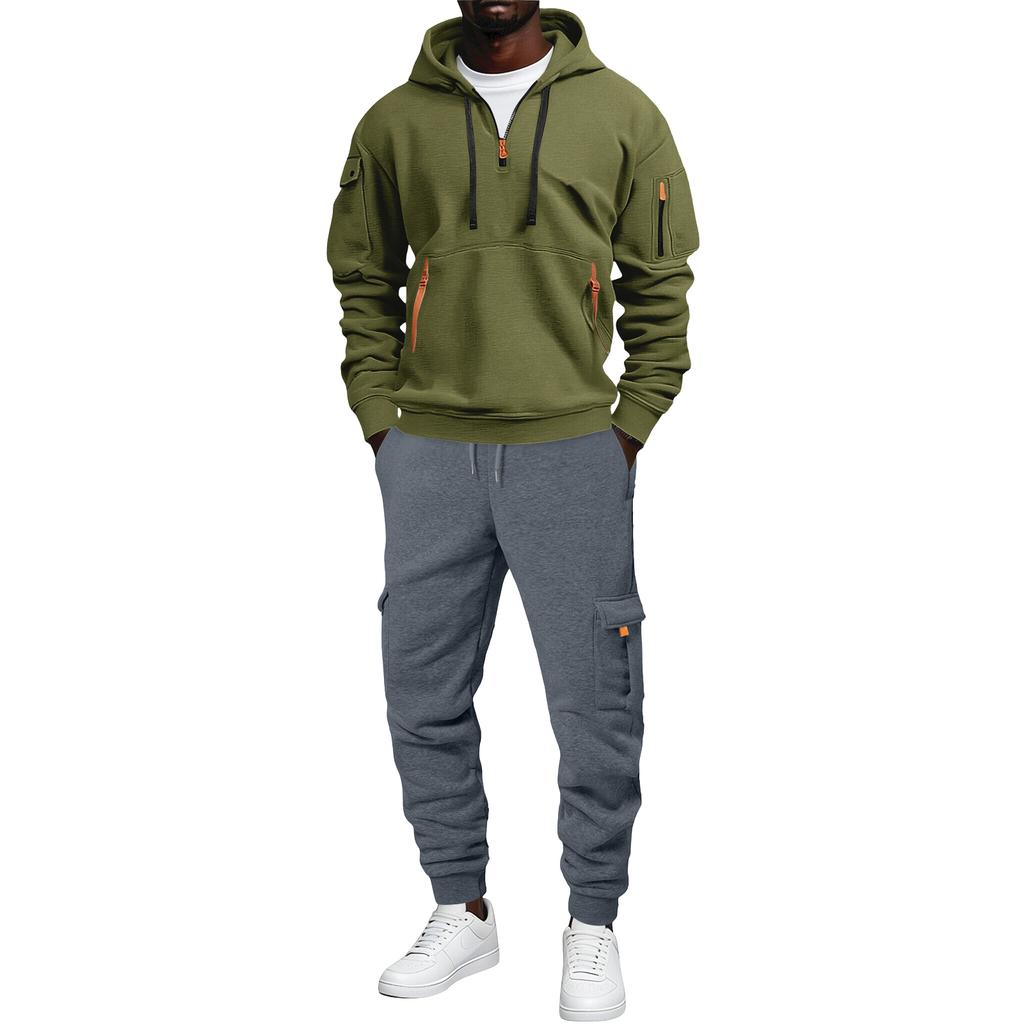 Men's Color Casual 2 Piece Set, Loose Hoodie with Pocket and Multi-Pocket Cargo Pants