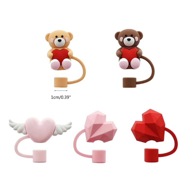 5Pcs Silicones Straw Cover Caps Bear Heart DustProof Drinkings Straw Caps Reusables Straw Tip Lid for Tumbler Cups