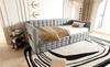 Upholstered Sofa Bed 90x190, Checkered Pattern, Storage Compartments On Sides, Two Drawers Under Bed, Guest or Single Bed, Velvet Fabric, Light Grey