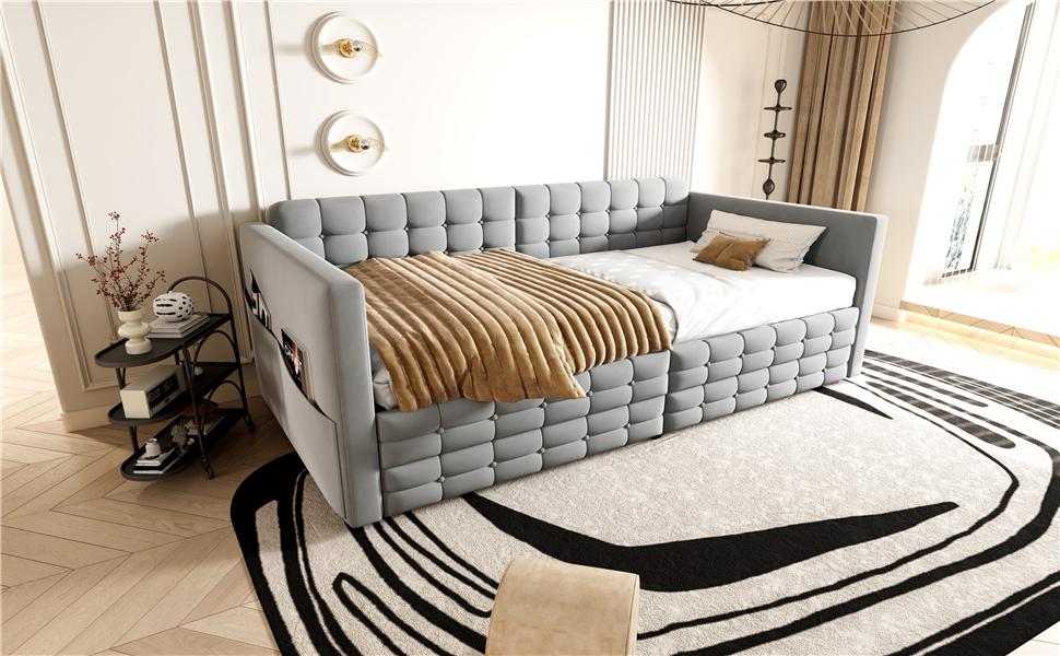 Upholstered Sofa Bed 90x190, Checkered Pattern, Storage Compartments On Sides, Two Drawers Under Bed, Guest or Single Bed, Velvet Fabric, Light Grey