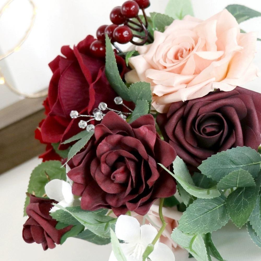 Kunstige blomster brudebukett til bruden, rustikke bryllupsbuketter til bruden Silke runde kunstige bryllupsblomster buketter