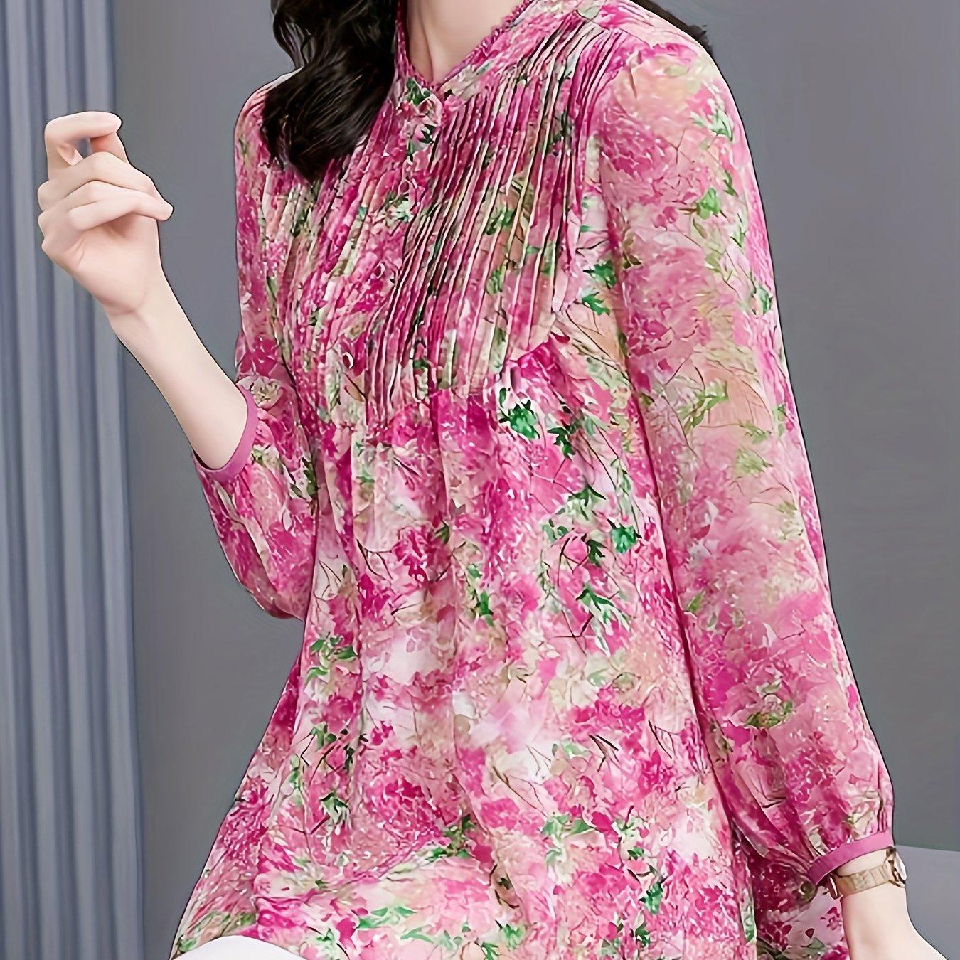 

Блузка с защипами с цветочным принтом, повседневная блузка с длинными рукавами на весну и осень, женская одежда 3XL разноцветный