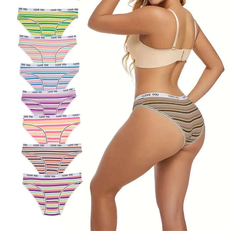 Women's Pure Cotton Ribbed Low Waist Panties: Colorful Letter, Breathable, Double-Layer Crotch, Striped Design for Girls.
