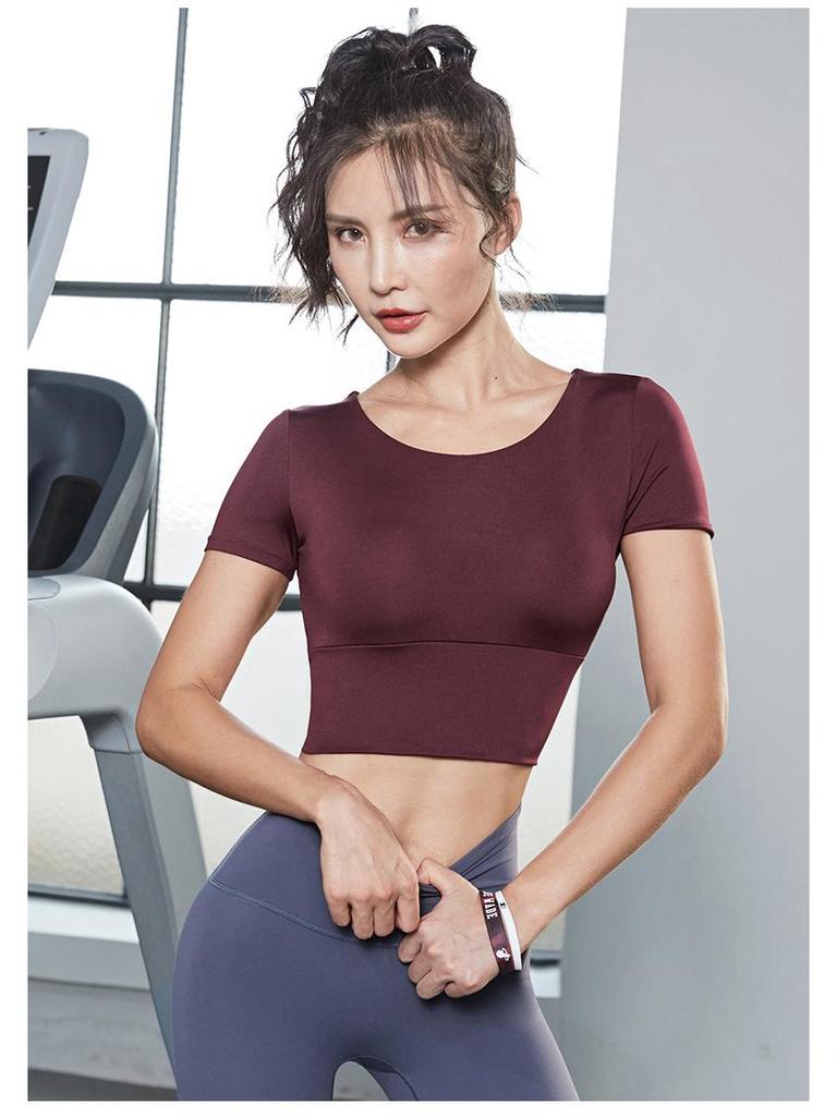 Women's Short Sleeve Yoga Crop Top with Chest Pads - Tight Fit Running and Fitness Vest