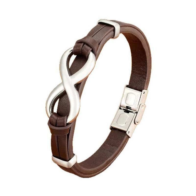 Mens Stainless Steel Bracelet with Leather, Classic Business Jewelry with Chain Design, Gift for Men