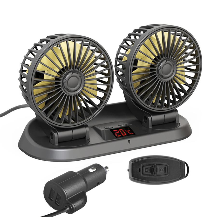 Portable 12V Car Dual Head Cooling Fan 360° Rotatable Air Cooler w/ Temp Display