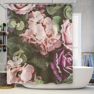 Floral Print Shower Curtain, Pink Purple Roses Hydrangeas Garden Decor Bathroom Liner Waterproof Polyester Fabric Home Decoratio
