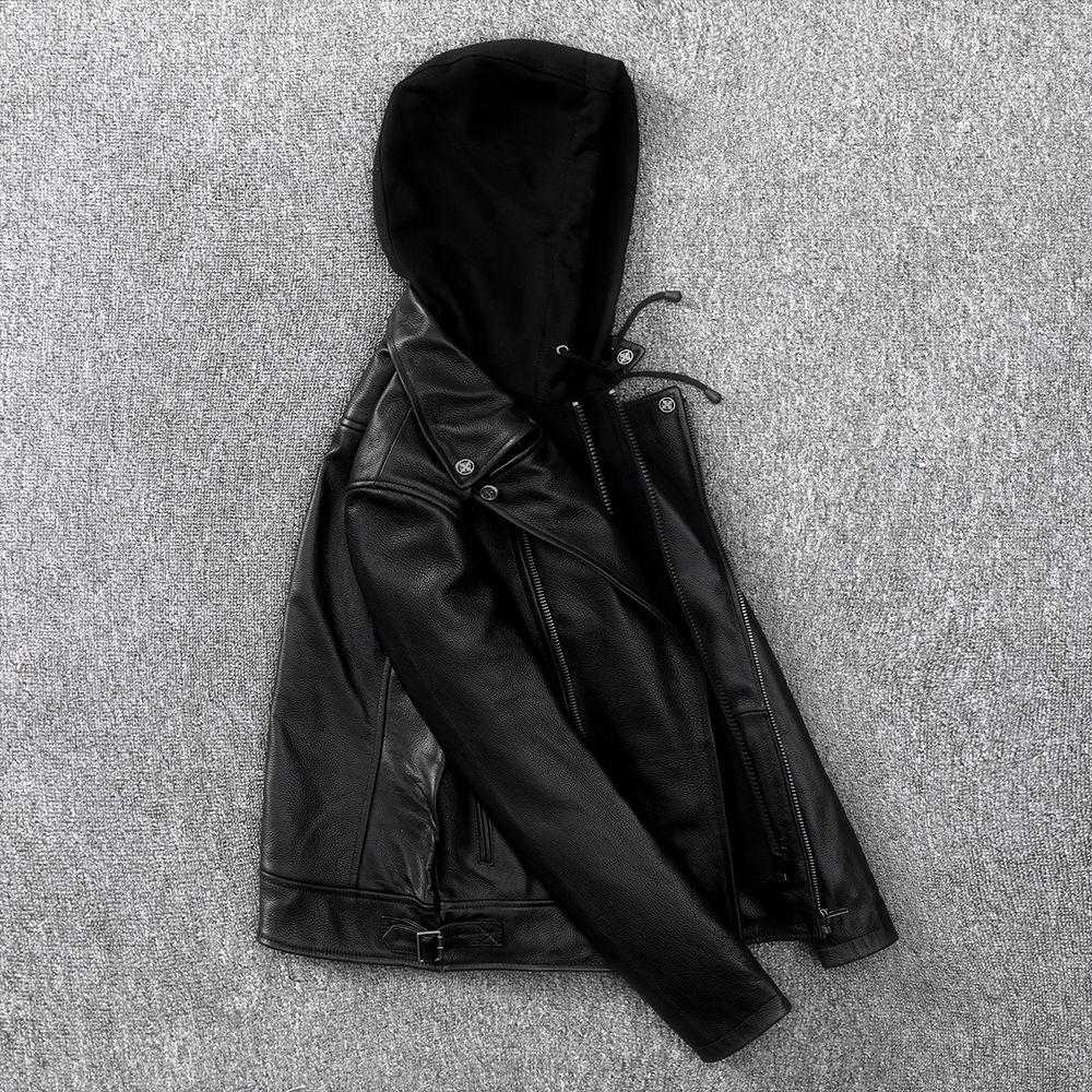 Pure Top Layer Yellow Cowhide Genuine Leather Jacket Men Can Take Off Hooded Cycling Jacket Jacket