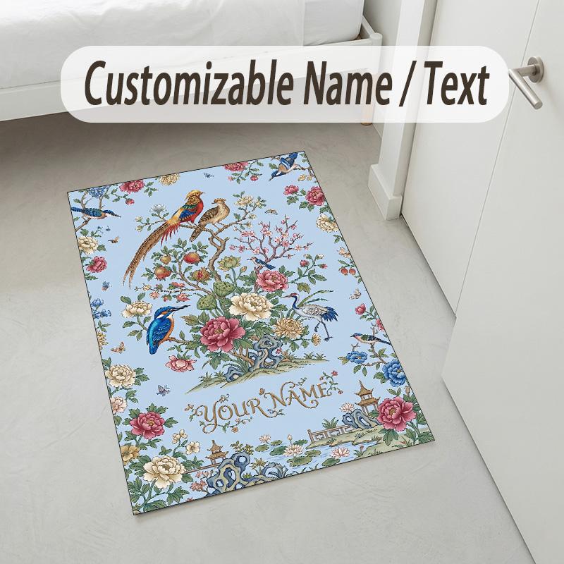 Floral Birds Artwork Theme Soft Crystal Velvet Rug Custom Name & Text Print Non Slip Floor Rug for Bedroom Living Room