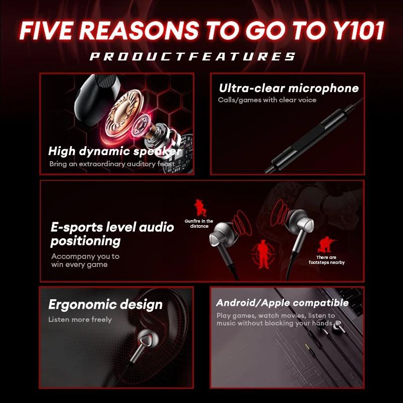 NEW Lenovo Y101 PRO Wired Earphones Gaming Wired Earphone 3.5mm Type C HiFi Bass Stereo E-sports Earbuds Subwoofer HD Sound Headset