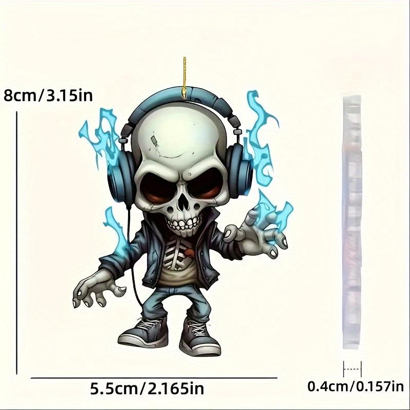 Einzigartiges Totenkopf-Autoornament aus Acryl – flaches 2D-Cartoon-Design, perfekt als Innendekoration fürs Auto, 3,15 x 2,165 Zoll