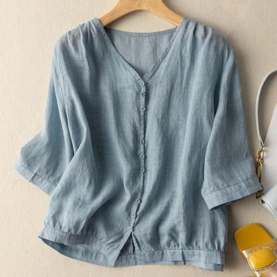Blusas Retrô de Algodão e Linho Femininas Blusas Femininas de Verão Manga 3/4 Botão Top Sólido Blusas Estilo Coreano Pulôver Blusas Casuais