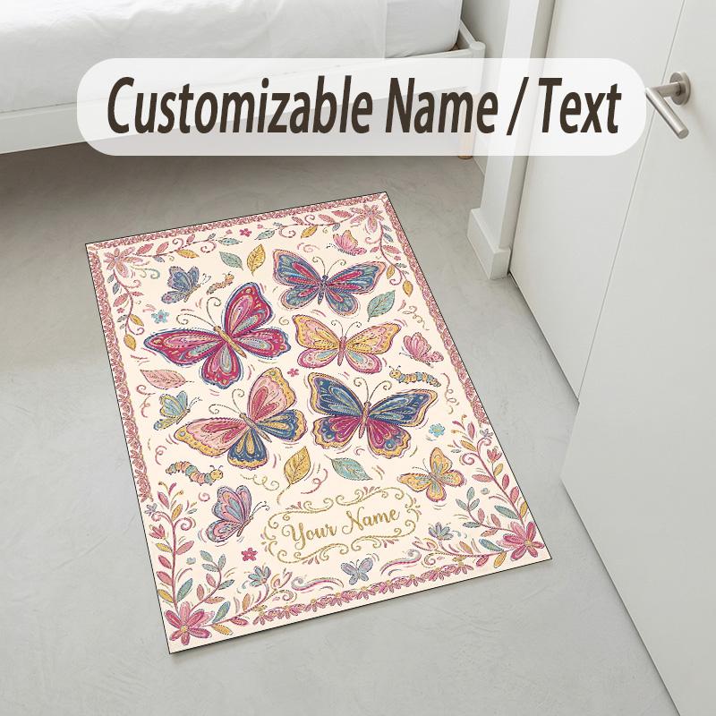 Butterflies Flowers Theme Soft Crystal Velvet Rug Custom Name & Text Print Non Slip Floor Rug for Bedroom Living Room