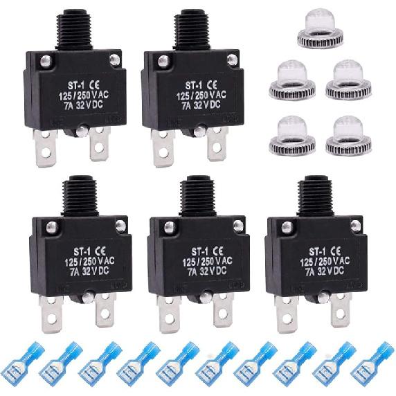 Mxuteuk 5Pcs 3,5,10,15,20Amp Circuit Breakers Push Button Manual Reset 125/250V AC 32V DC,Overload Protector Switch Thermal Circuit Breakers With