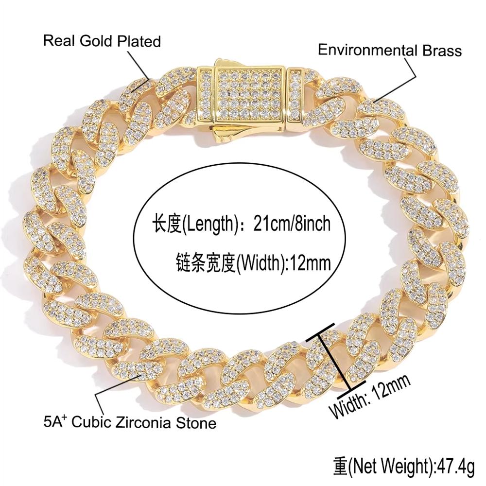 Hip Hop 14K Gold Plated Jewelry Spring Clasp 12mm Bling CZ Iced Out Cuban Link Chain Bracelet for Women and Men