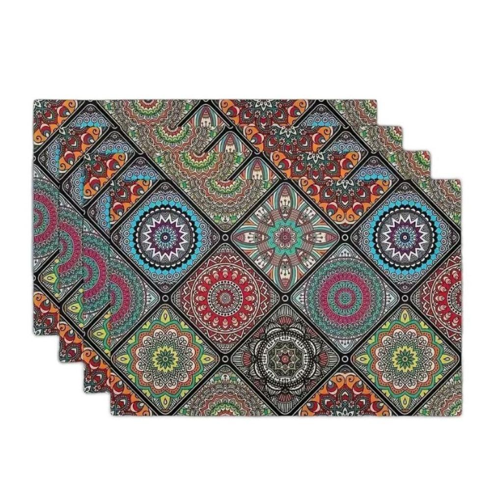 4Pcs Rectangular Boho Mandala Placemats Linen Floral Dining Mats Geometric Table Mat Dinner