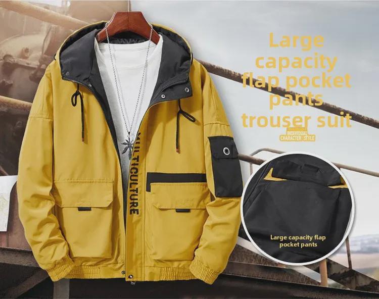 Męska duża kurtka wiatrówka z kapturem i wieloma kieszeniami - lekki płaszcz na wiosnę/jesień