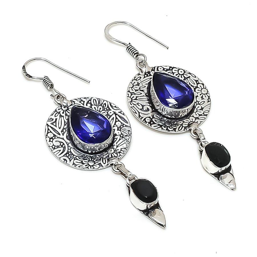 Natural Tanzanite Quartz, Spinel 925 Sterling Silver Jewelry Earring 2.56" G8h35