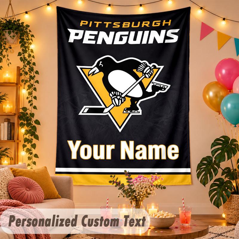 Pittsburgh Penguins Personalized Wall Tapestry Custom Name Text Polyester Hanging Decor Home Room