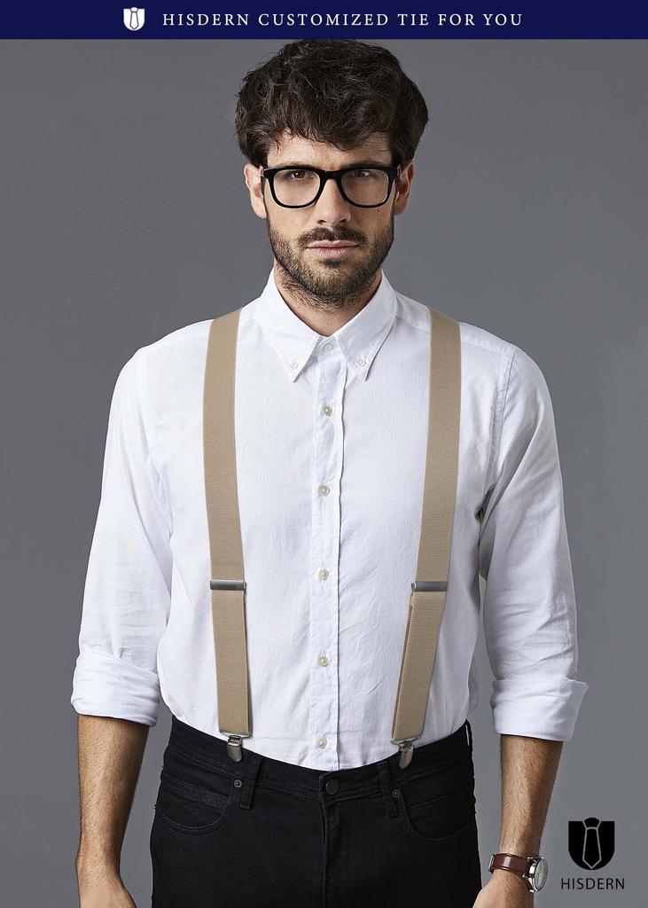 HISDERN Beige Wide Stylish Business Adjustable Elastic Secure with 6 Popular BY Men's Y-Shaped Suspenders, 35mm, Gift, Suspenders, Strap, Clips, Gift,