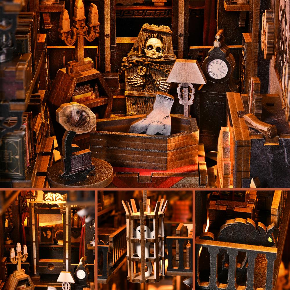 Book Nook Kit Dark Family DIY Wooden Puzzle Gothic style Halloween Bookshelf Dollhouse Model Bookend Building Home Decoration