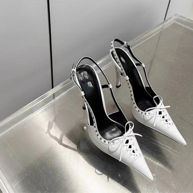 New Summer Pointed Toe Shallow Mouth Strappy Bow Studded Heels Stiletto Temperament Stiletto Sandals Women