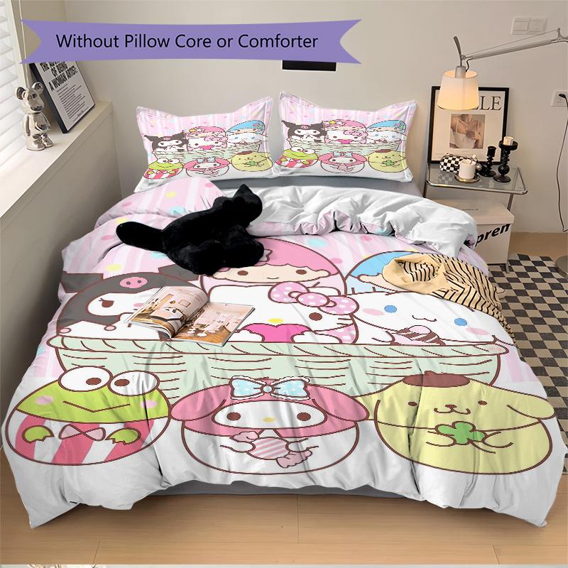 3pcs Dart Sanrio Character Design Print Bedding Set (1 Cover + 2 Pillowcases, Without Inserts), Soft and Comfortable W024