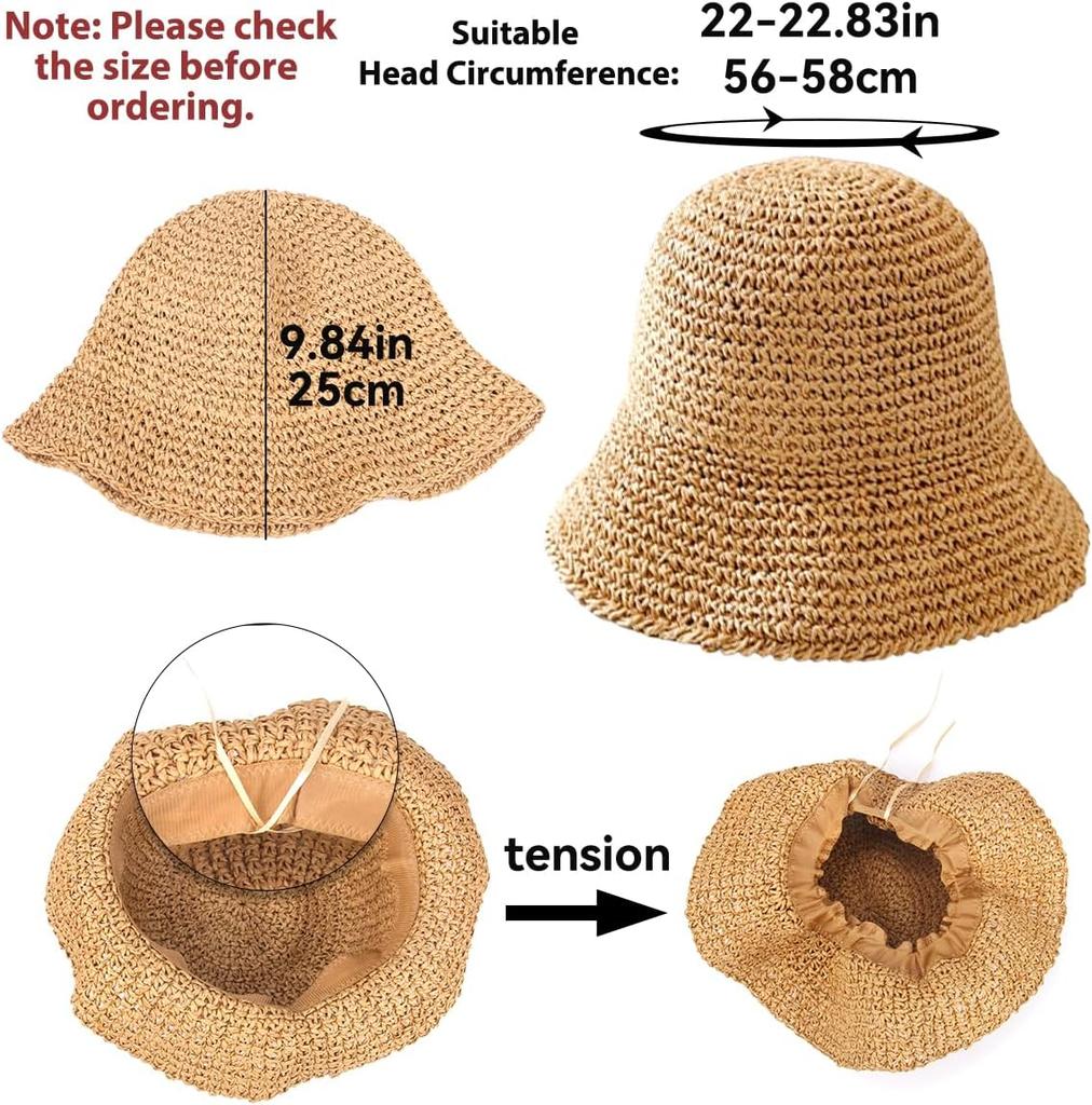 Women's Summer UV-Protect Crochet Straw Bucket Hat Fashionable Breathable Sunshade Cap with Foldable Visors for Beach Outdoor