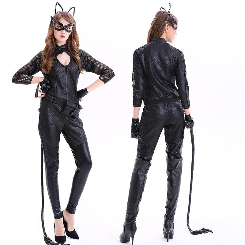 Plus Size Catwoman Halloween Jumpsuit with Pockets - European & American Nightclub Stage Costume