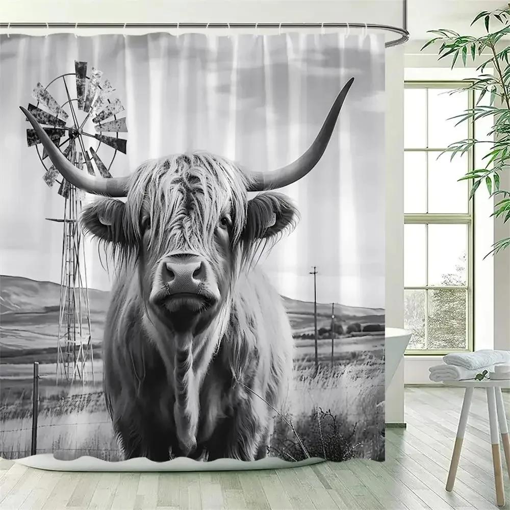 Funny Highland Cow Shower Curtain Farm Animal Sunflower Watercolour Flowers Farmhouse Polyester Fabric Bathroom Decor With Hooks