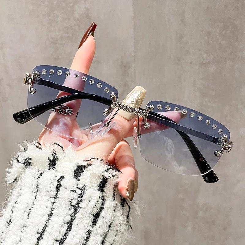 Vintage Rimless Square Diamond Sunglasses Women For Men Sun Glasses Punk Pink Shades Luxury Brand Designer Hip Hop Eyewear UV400