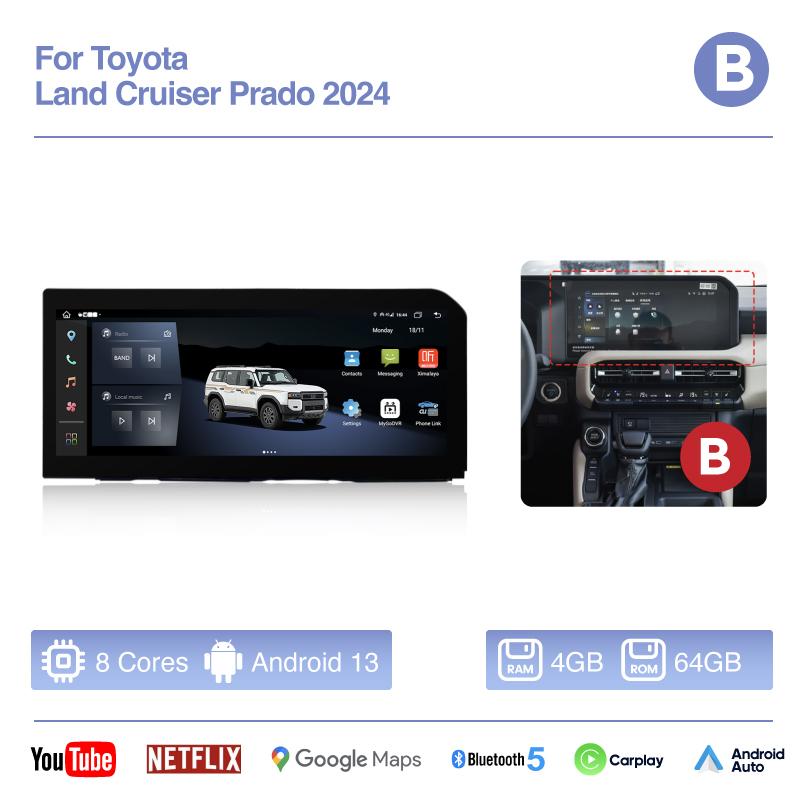 12.3inch Car Multimedia Video Player For Toyota Land Cruiser Prado 2025 GPS Navigation Android13 radio Carplay 4G Wifi 360Camera