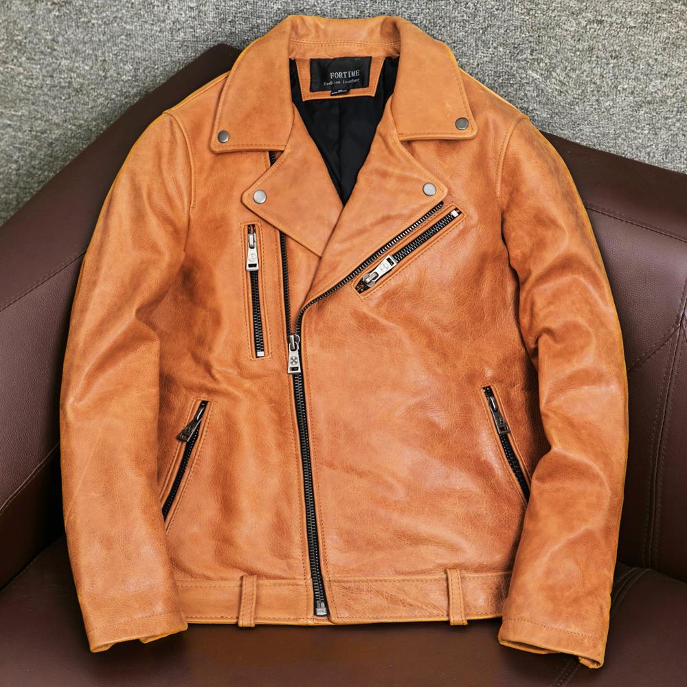 Mens Genuine Leather Jacket Heavyweight Waxed Cowhide Slim Fit Biker Short Coat Notch Lapel