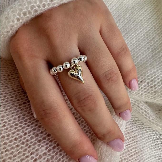 Stainless Steel Heart Ring for Women - Personalized Versatile Beaded Elastic Ring