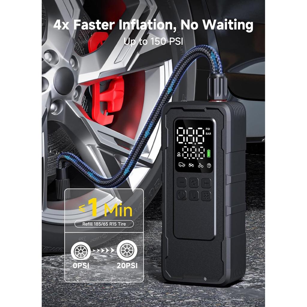 Handheld Air Compressor 150PSI Rechargeable Multipurpose Tire Inflator for Car Tires Bike Sports Gear & Emergency Use
