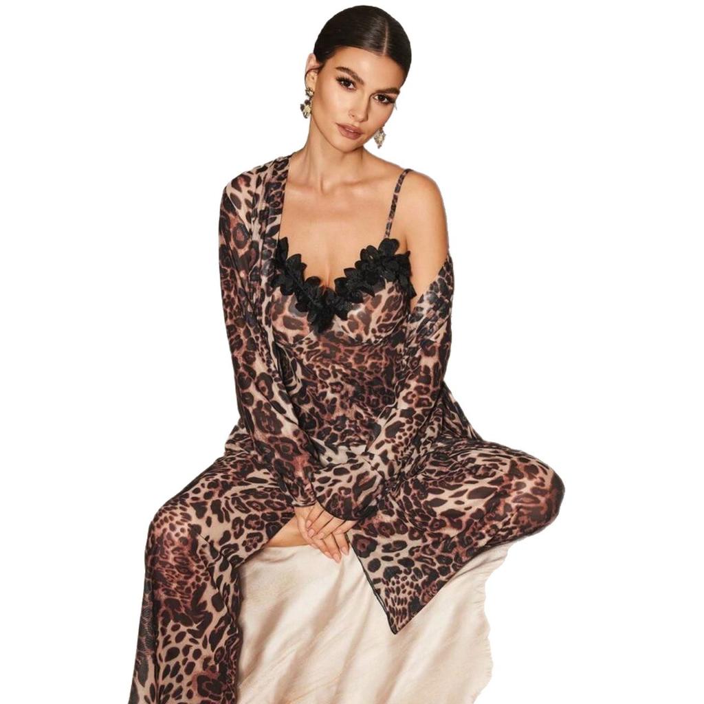 European and American pajamas women's ice silk sexy leopard print print suspenders home three-piece loungewear set