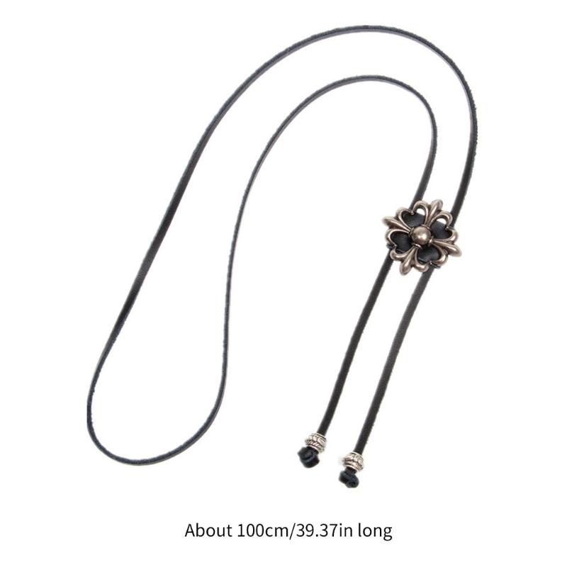 Mens Metal Cross Flower Pendant Cowboy Bolo Tie Western Artificial Leather Rope Necktie Jewelry Shirt Chain Necklace
